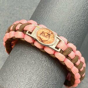 Deer Survival Paracord Bracelet 7.5 In Pink Crackle Brown Heart Silver Oval Camp